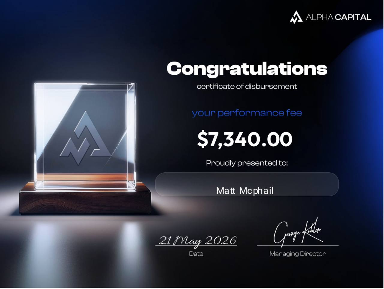 Alpha Capital payout certificate — $7,340.00