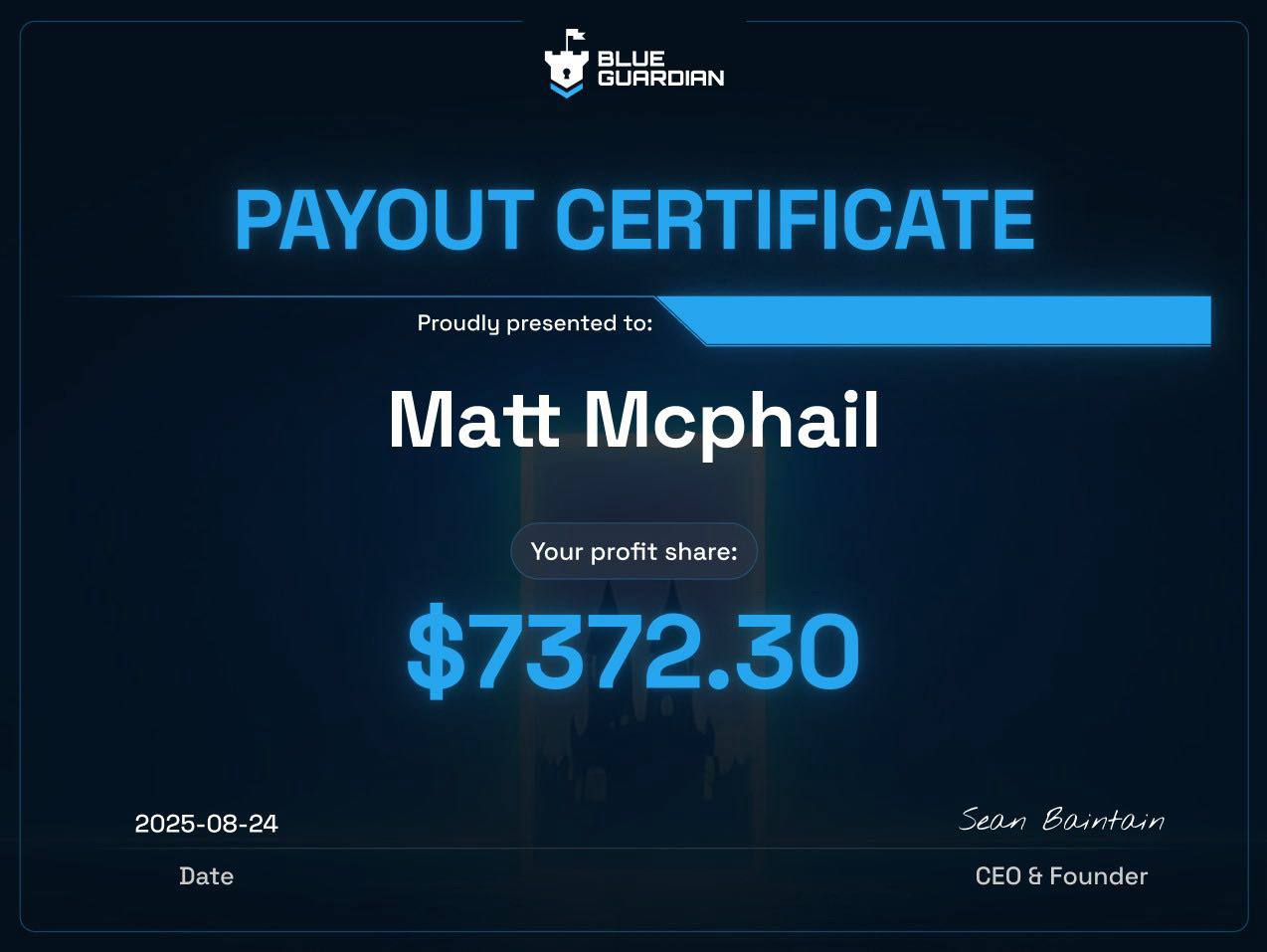 Blue Guardian payout certificate — $7,372.30