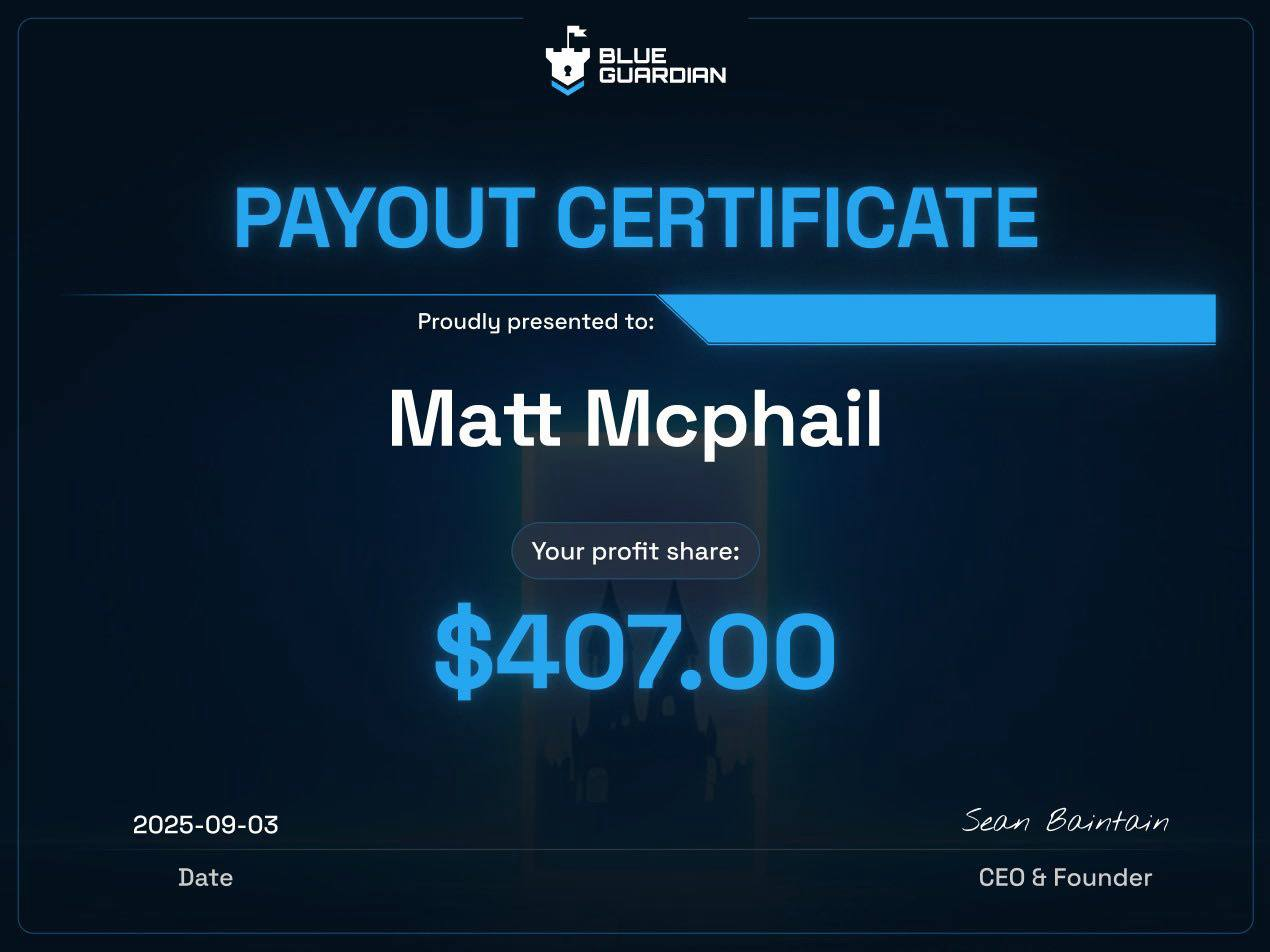 Blue Guardian payout certificate — $407.00